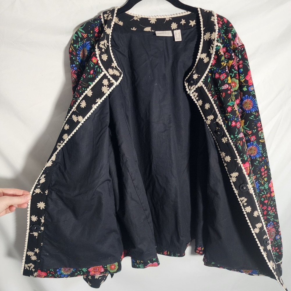 LOGO Lori Goldstein Floral‎ Button Front Jacket Black Multi Color Crochet Trim L - Picture 3 of 11